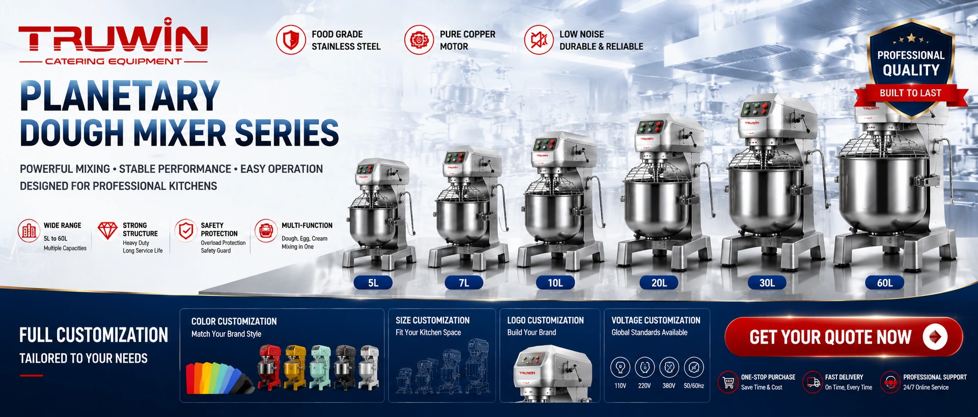TRUWIN commercial planetary dough mixer series from 5 liter to 60 liter for professional kitchens