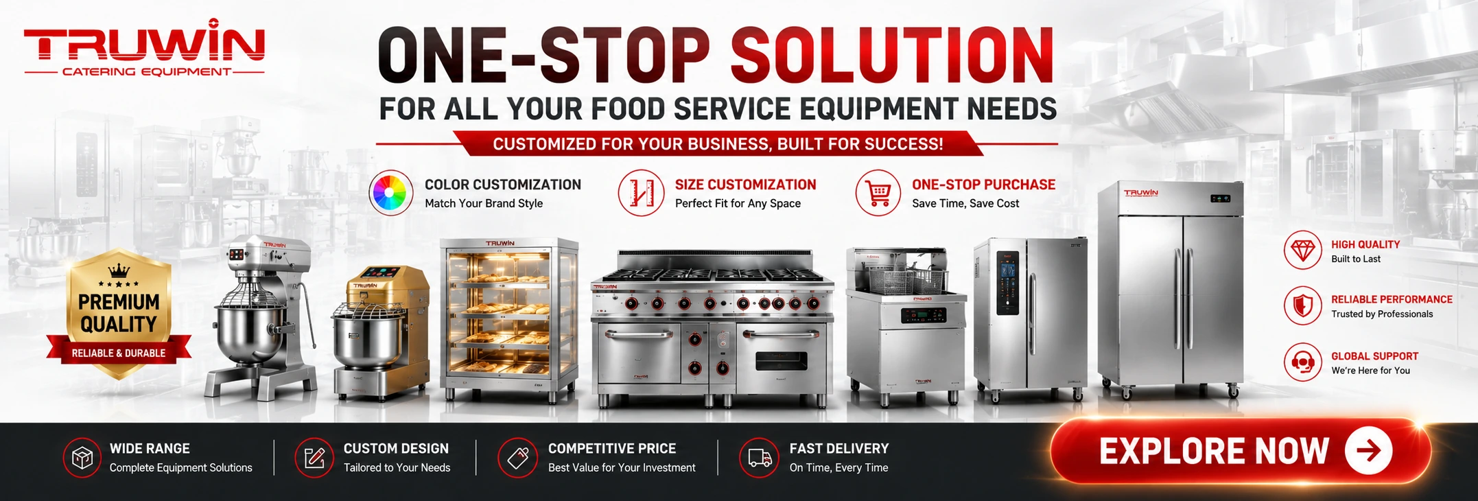 TRUWIN one-stop commercial kitchen equipment solution including mixer, bakery oven, cooking range, fryer and refrigeration equipment