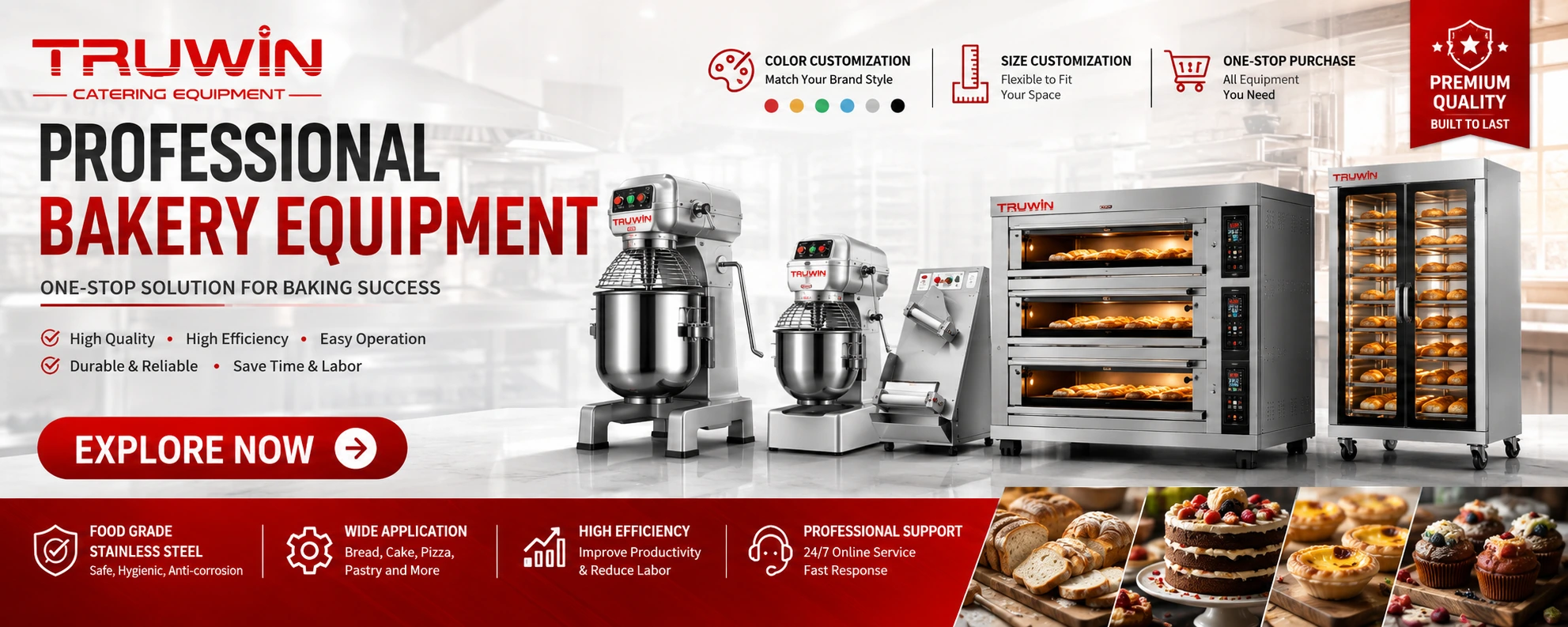 TRUWIN professional bakery equipment including planetary mixers, dough sheeter, deck oven and proofing cabinet